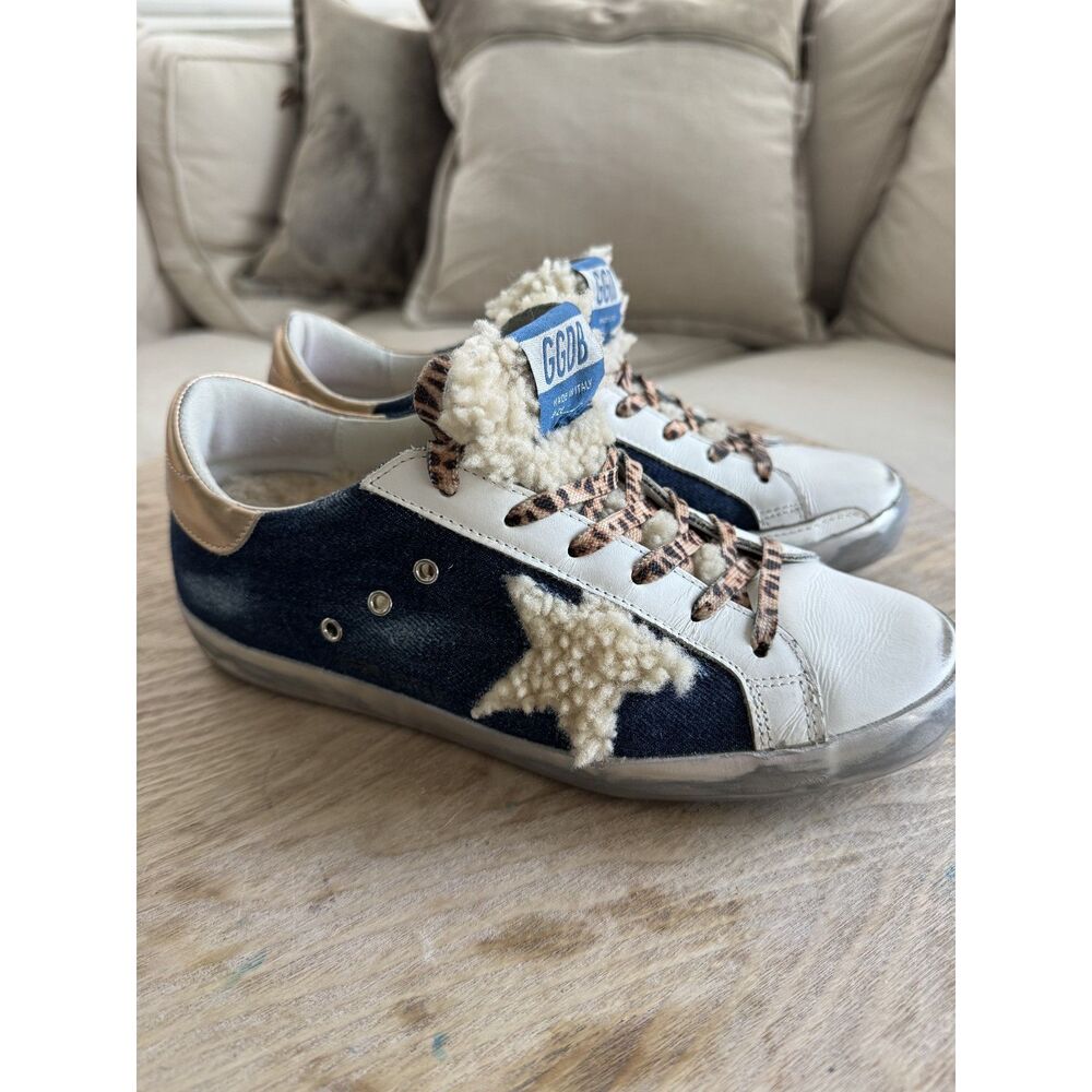 GOLDEN GOOSE Superstar Classic Denim Shearling Shoe in Blue/ Beige Size 8 - Picture 8 of 9